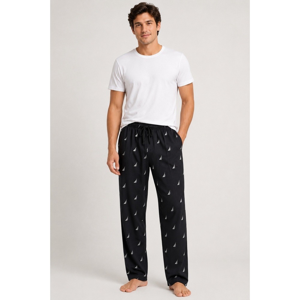 Nautica Sleep Pants Black Sailboat Print Drawstring Lounge Pajama Pants M 30
